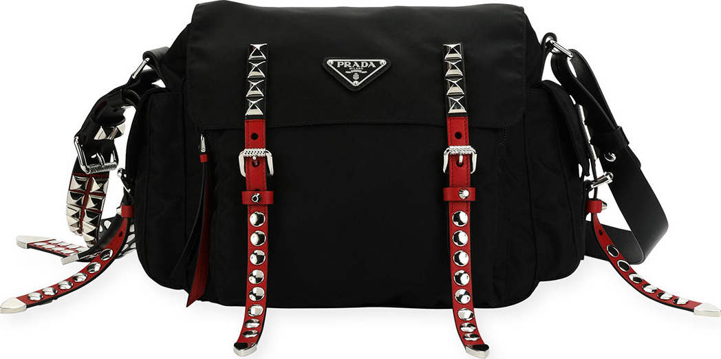 Prada Medium Nylon Messenger Bag with Studding