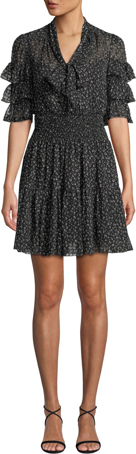 Rebecca Taylor Ruffle-Sleeve Mini Cheetah-Print Tie-Neck Dress