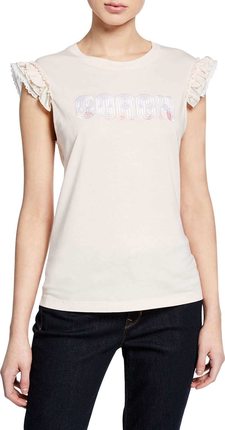 COACH Sleeveless Embroidered Logo Ruffle Tee