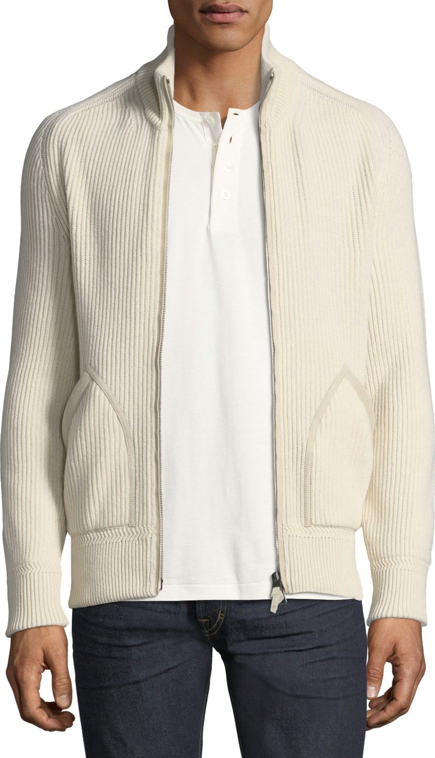 TOM FORD Cashmere Suede-Trim Ribbed Zip-Front Cardigan