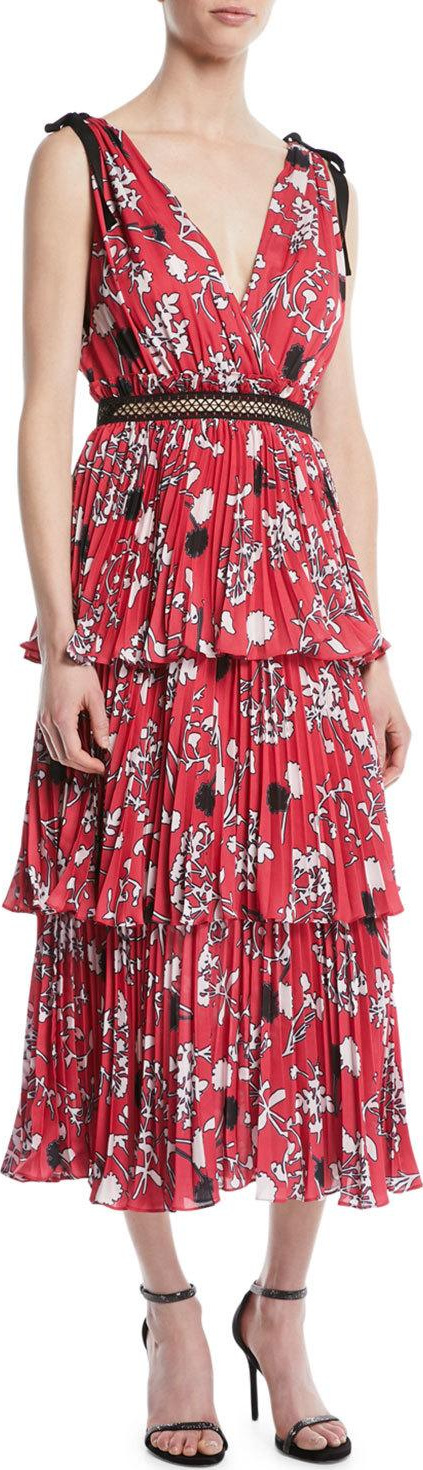 Self Portrait Tiered Floral Crepe de Chine Midi Dress