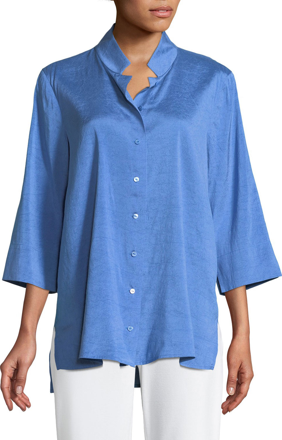 Eileen Fisher Doupioni Stand-Collar Silk Shirt