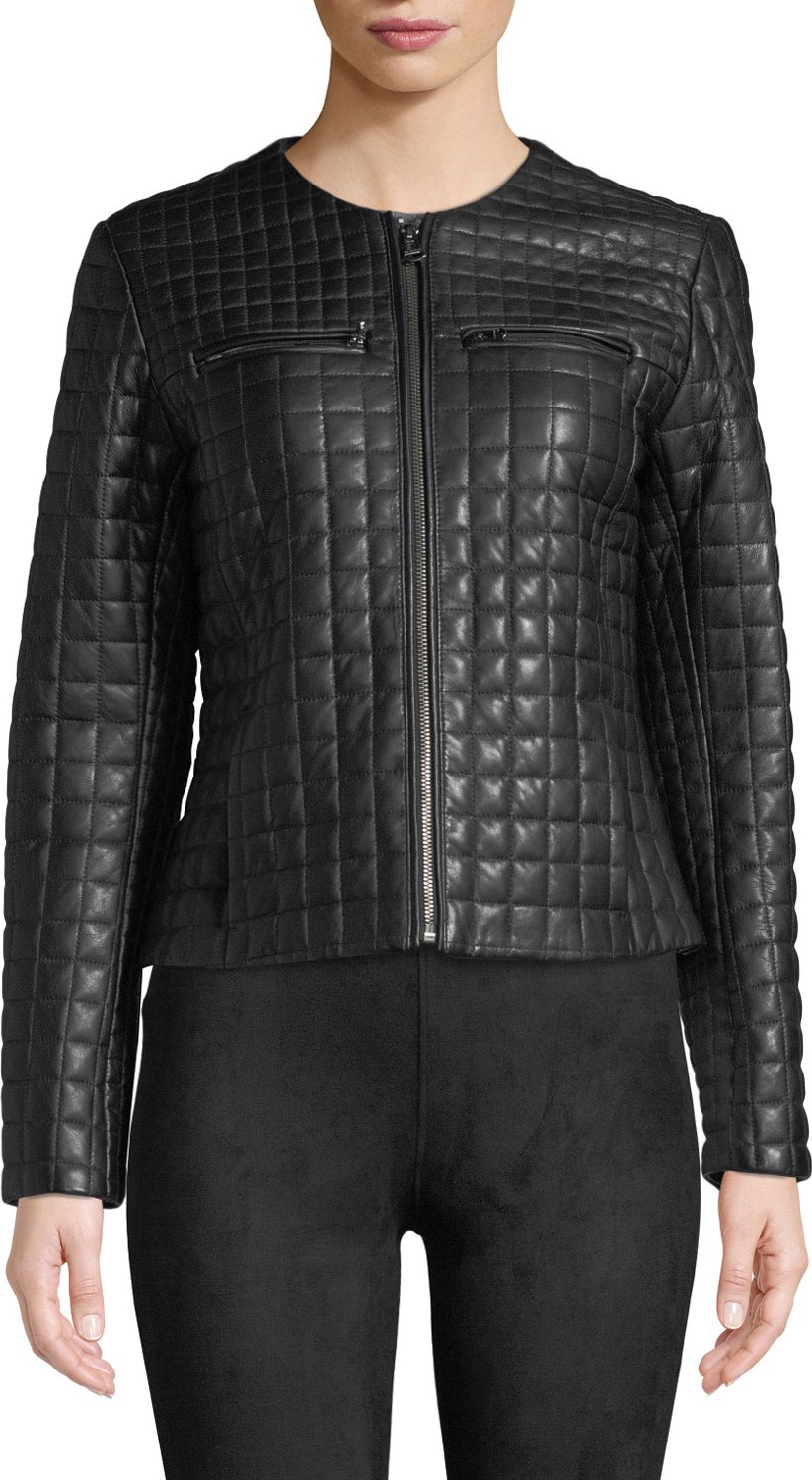 Cole Haan Quilted Collarless Leather Moto Jacket