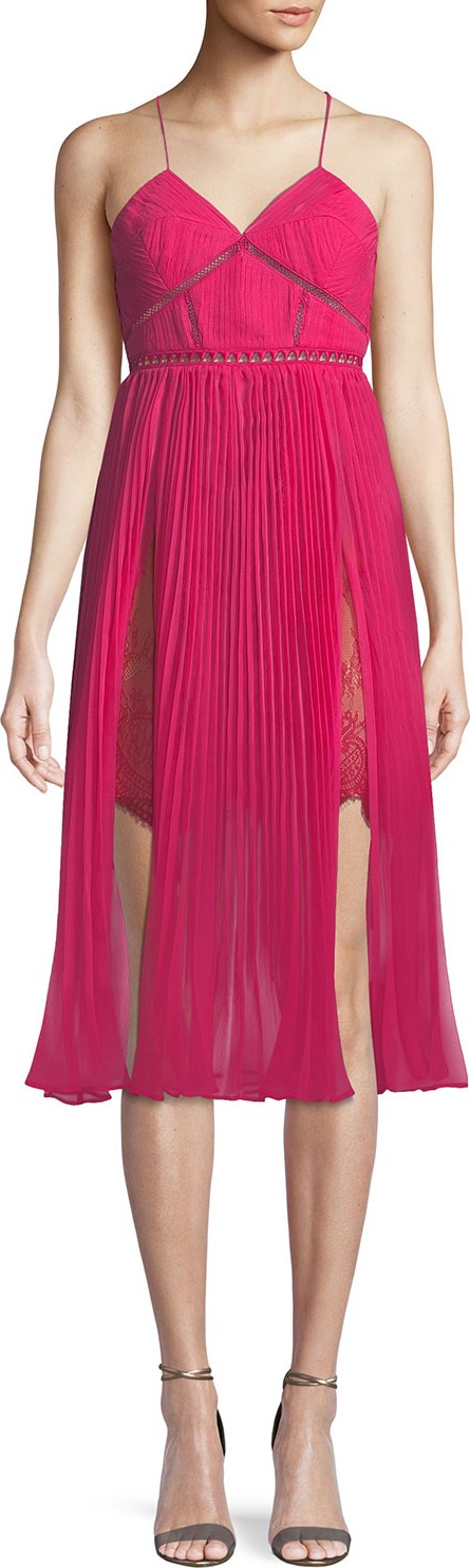 Self Portrait Pleated Chiffon Midi Cocktail Dress