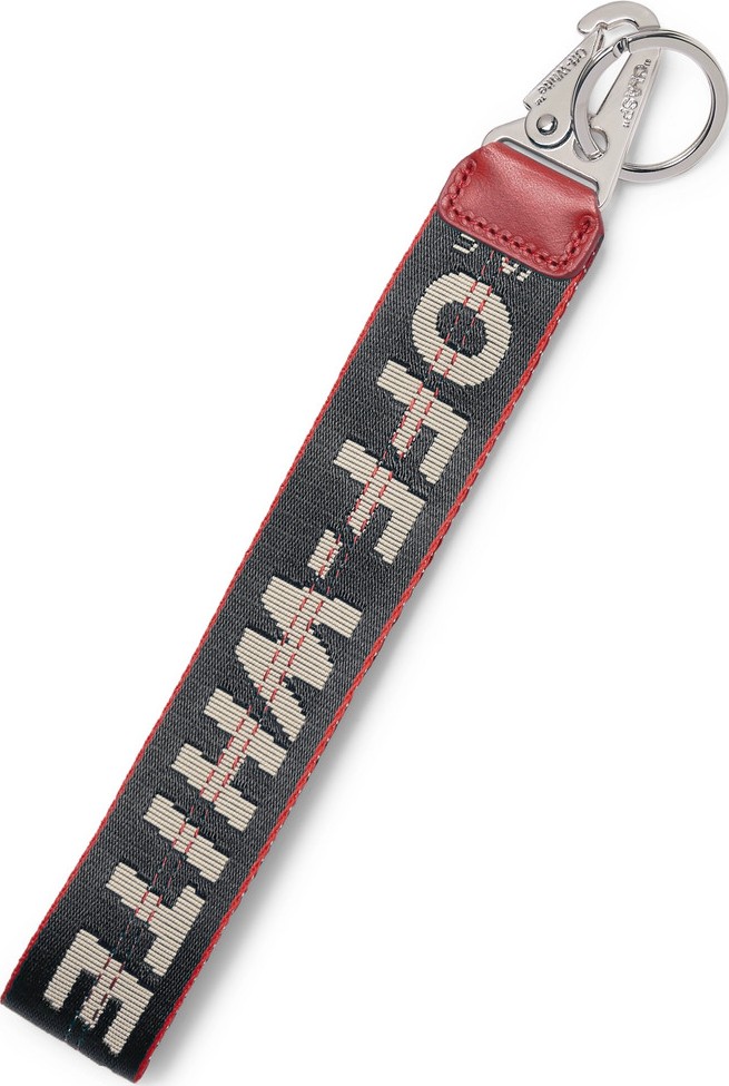 Off White Leather-Trimmed Logo-Jacquard Webbing Key Fob