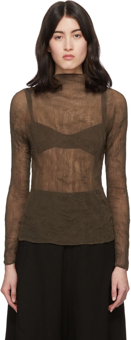 Issey Miyake Brown Chiffon Twist Pleats Blouse