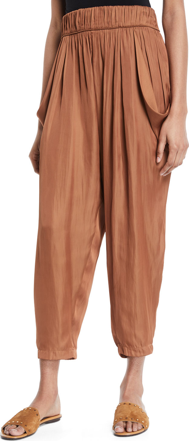 HALSTON HERITAGE Flowy Ruched Cropped Satin Pants