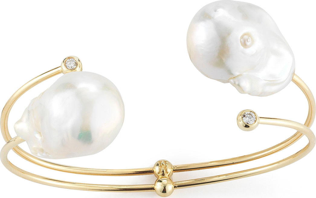 Mizuki Double-Pearl & Diamond Cuff Bracelet