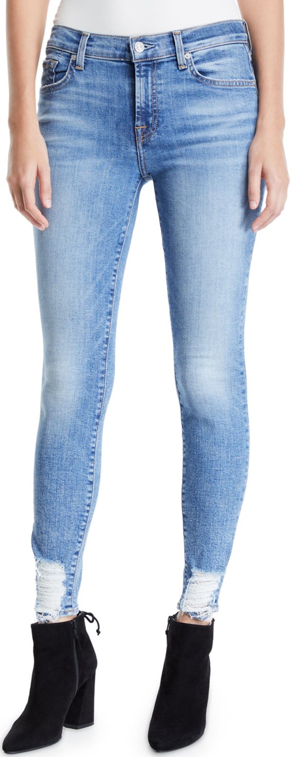 7 For All Mankind Mid-Rise Ankle Skinny Jeans with Chewed Hem