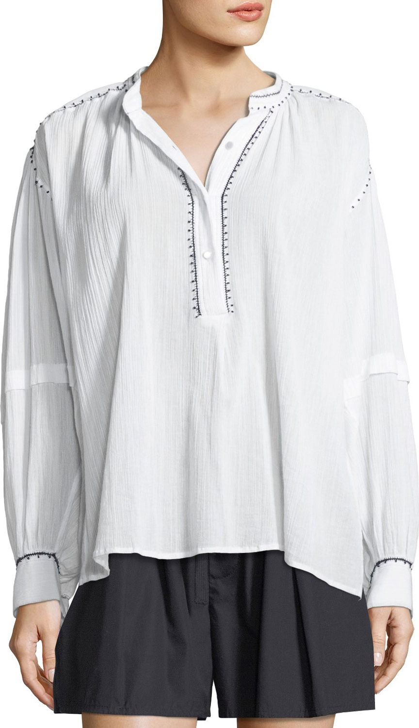 Vince Long-Sleeve Contrast Stitch Poet Blouse