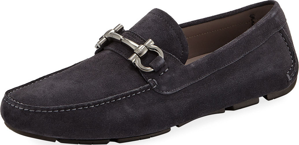 Salvatore Ferragamo Men's Gancio-Bit Suede Driver, Gray