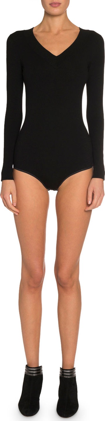Alaïa Wool Long-Sleeve V-Neck Bodysuit