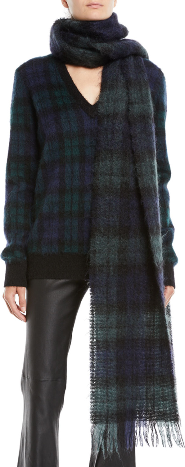 Michael Kors Oversized Tartan Wool Scarf w/ Fringe Edges