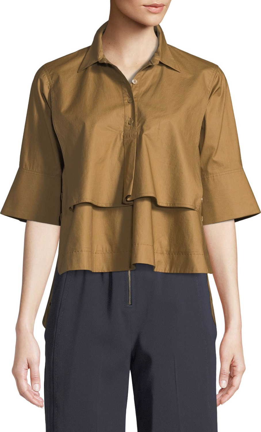 Carven Tiered Button-Front Cotton Shirt