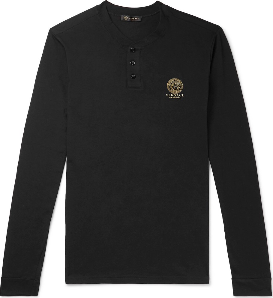 Versace Logo-Print Cotton-Blend Jersey Henley T-Shirt