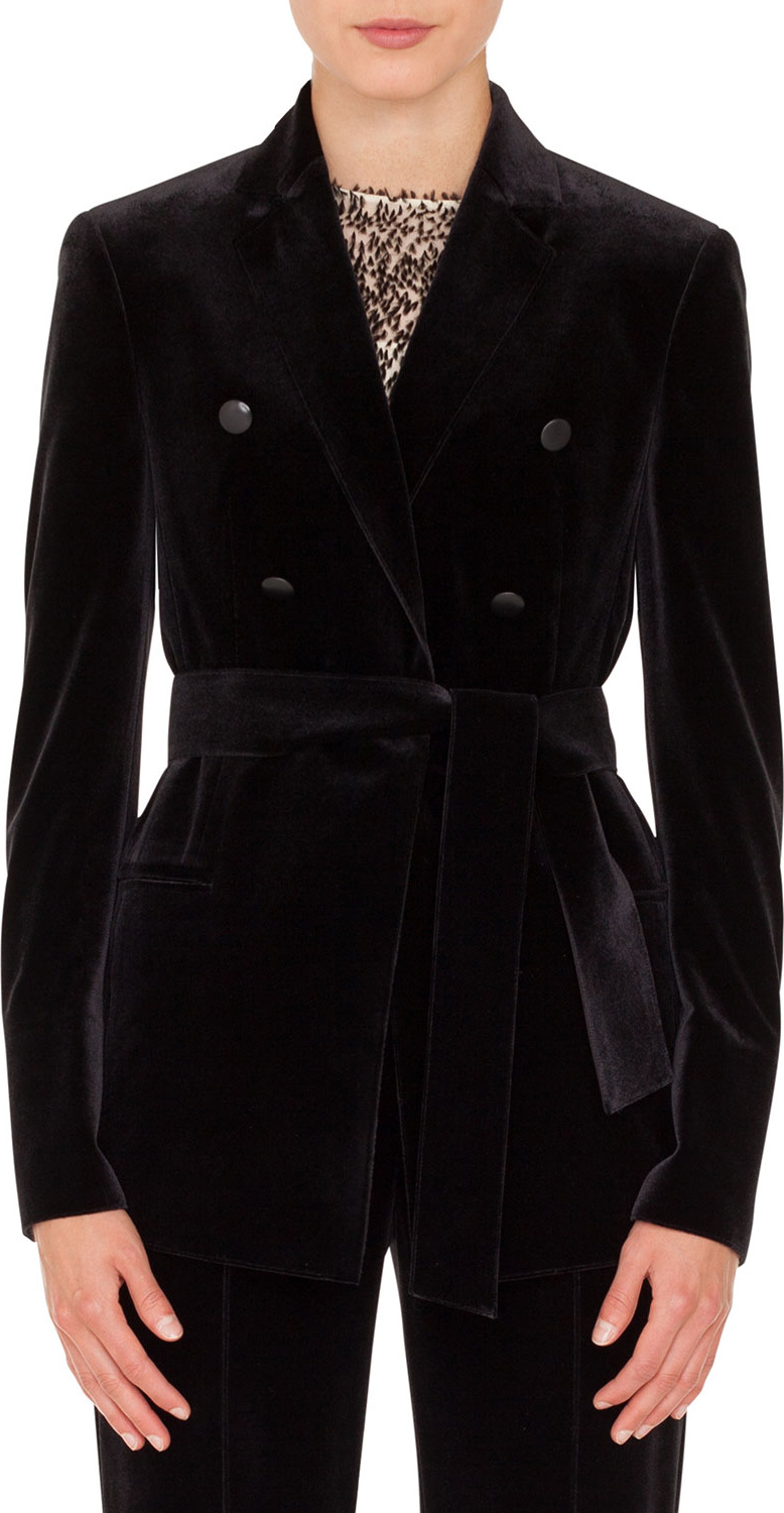 Akris Silvana Double-Breasted Velvet Jacket w/ Self-Belt