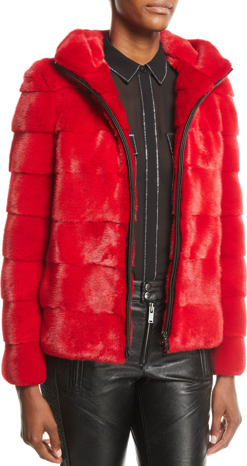 Gorski Zip-Front Horizontal Mink Fur Jacket w/ Hood