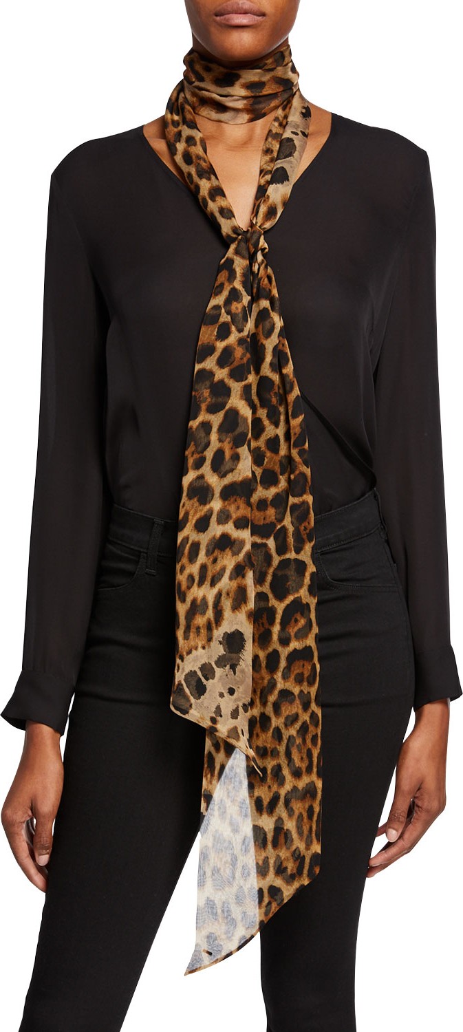 Saint Laurent Leopard Print Large Silk Neck Tie