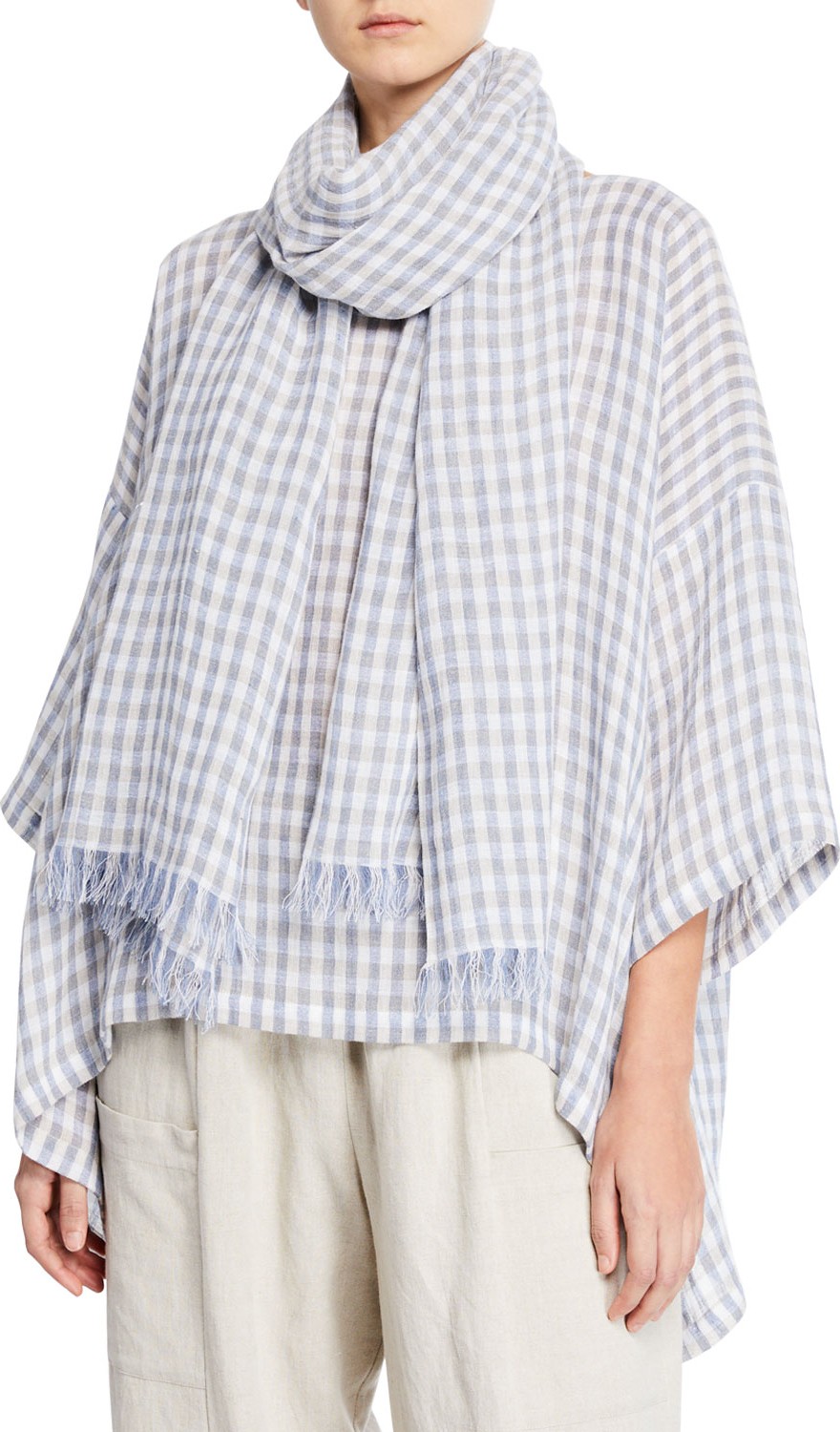 eskandar Gingham Linen Gauze Scarf