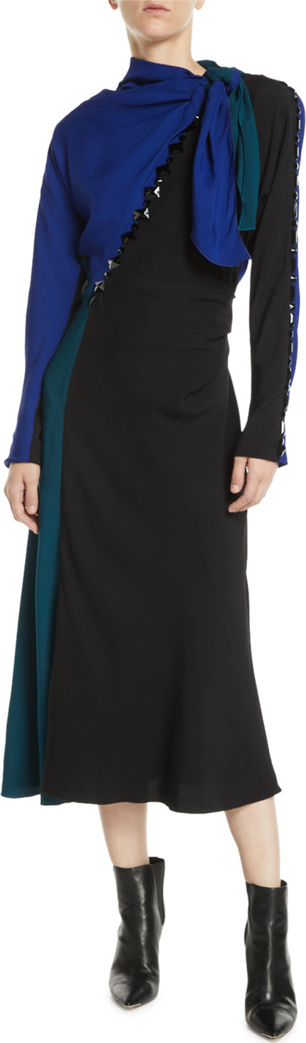MARC JACOBS Tie-Neck Long-Sleeve Colorblock A-Line Dress w/ Beading