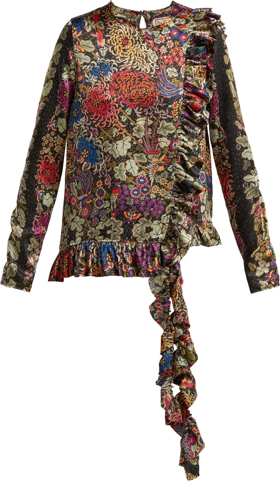 By Walid Floral-print ruffle-trim silk blouse