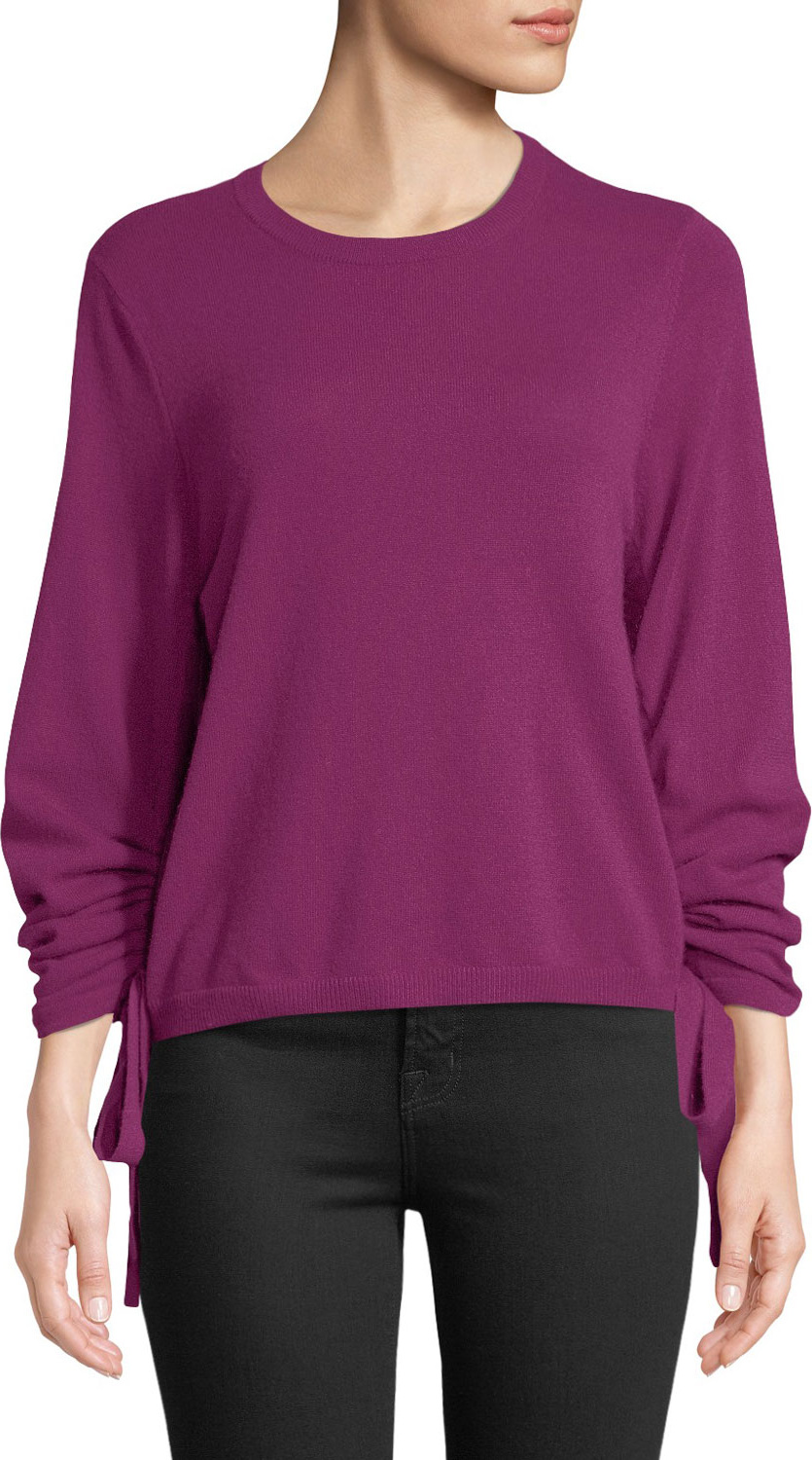 Autumn Cashmere Drawstring-Sleeve Crewneck Cashmere Sweater
