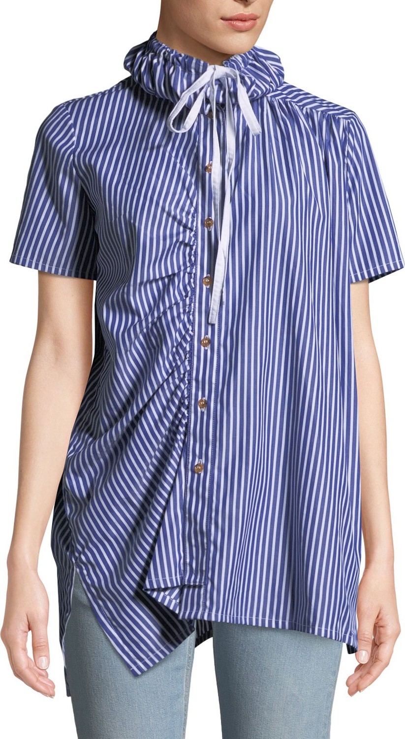 Victoria / Tomas Striped Shirred Button-Down Shirt with Drawstring Collar
