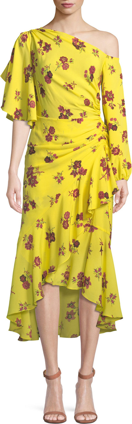 A.L.C. Florence One-Shoulder Ruched Ruffled Silk Dress