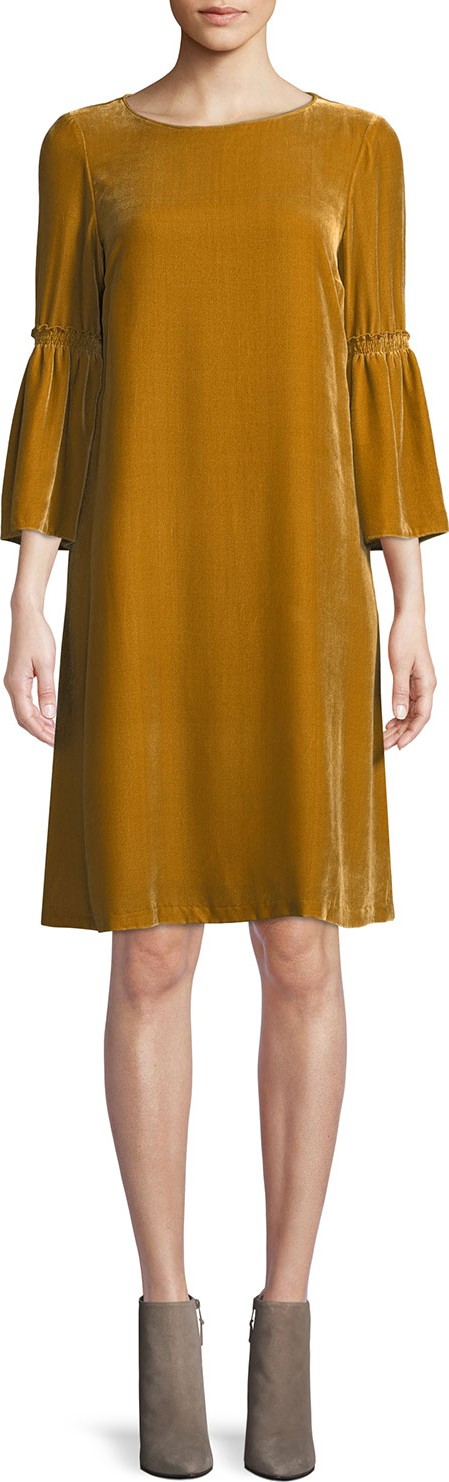 Lafayette 148 New York Roslin Round-Neck Bell-Sleeve Velvet Shift Dress