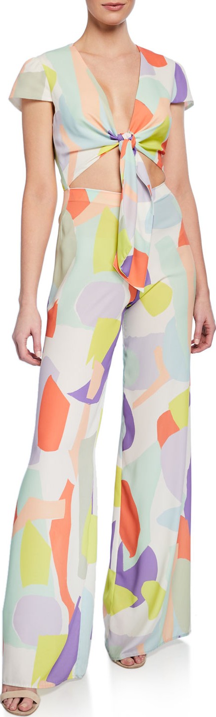 Alice + Olivia Sierra Geometric-Print Tie-Front Cap-Sleeve Jumpsuit