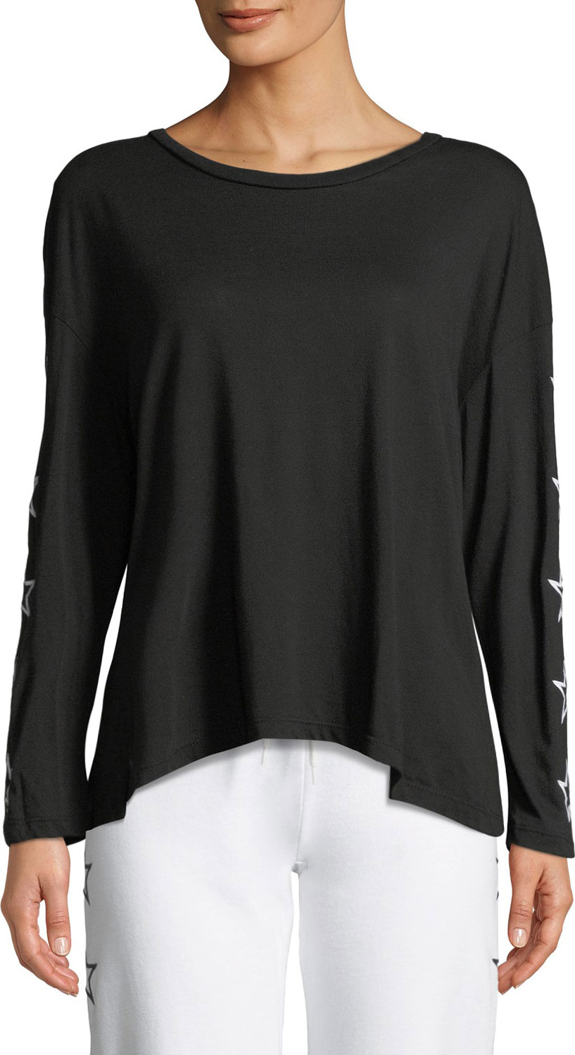 MONROW Slouchy Star-Embroidered Scoop-Neck Top