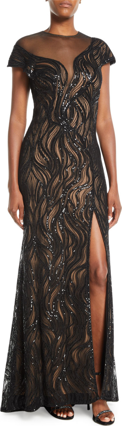 Tadashi Shoji Cap-Sleeve Sequin Illusion Gown w/ High Slit