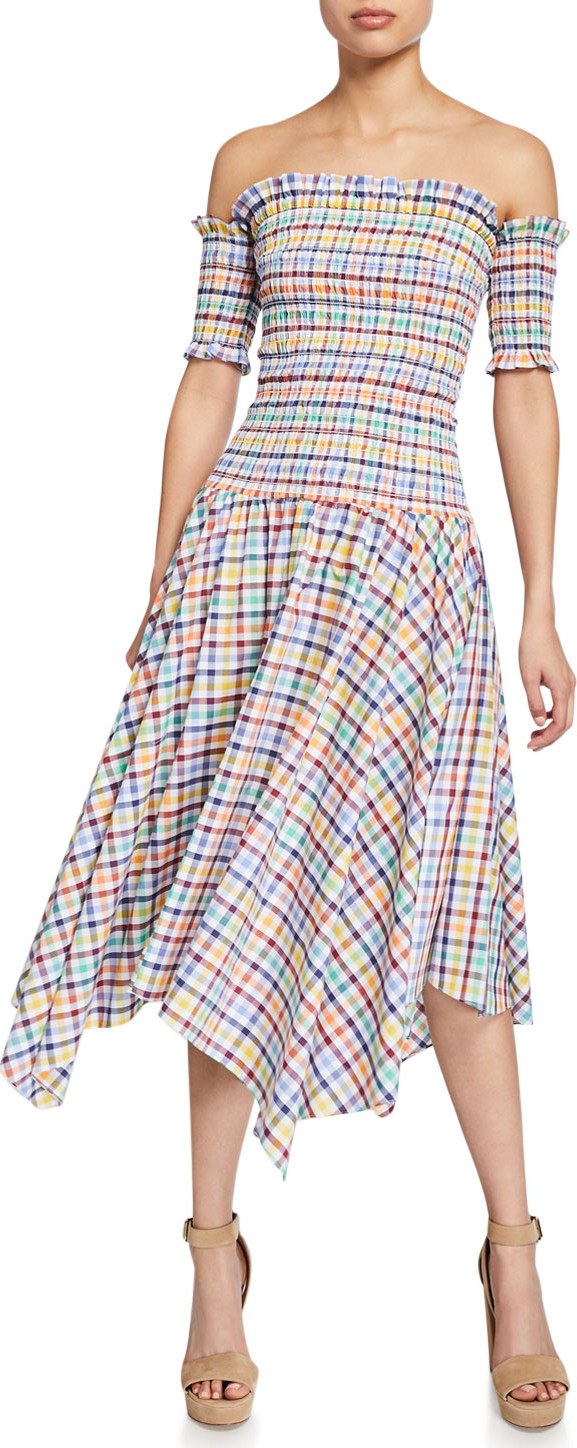 Petersyn Jackie Plaid Off-the-Shoulder Smocked Shark Bite Hem Dress