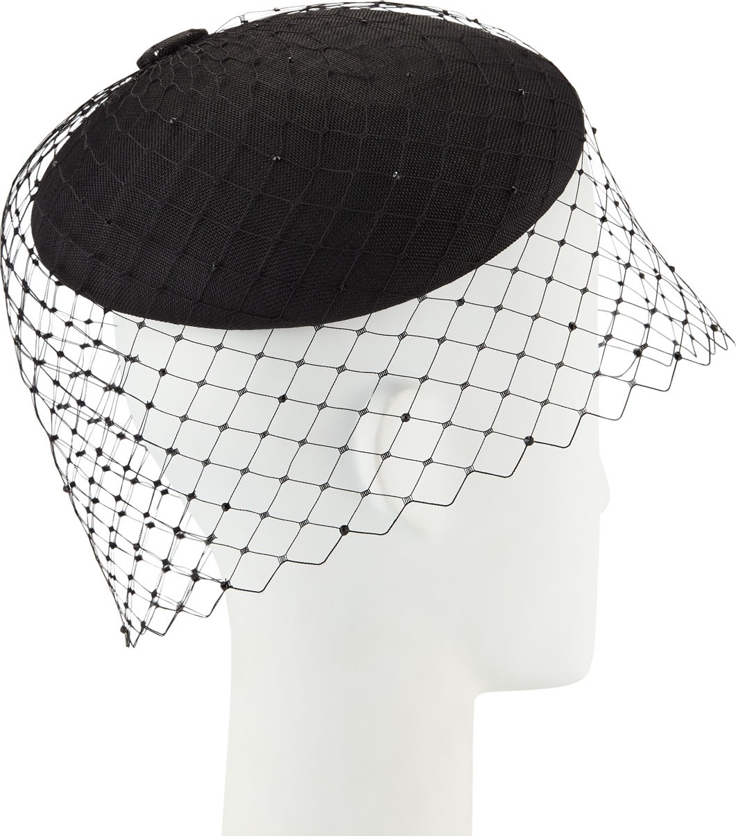 Philip Treacy Straw Beret w/ Crystal Studded Widow Veiling
