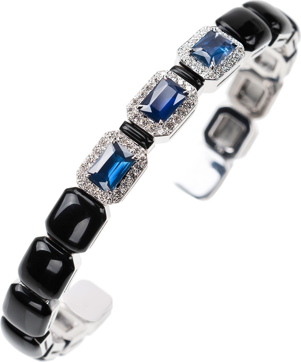 Nikos Koulis Oui 3-Sapphire & Diamond Cuff in 18k White Gold/Enamel