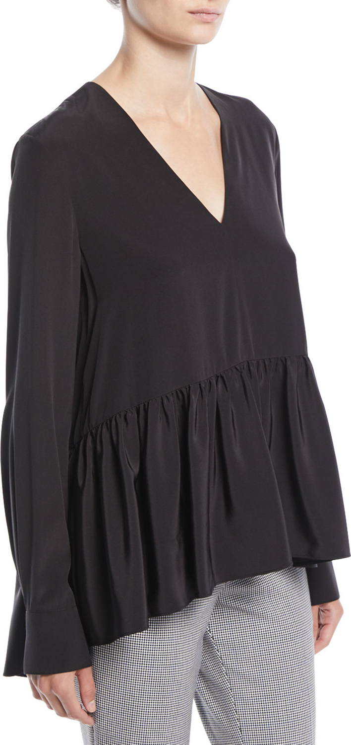 Tibi V-Neck Long-Sleeve Silk Crepe de Chine Peplum Top