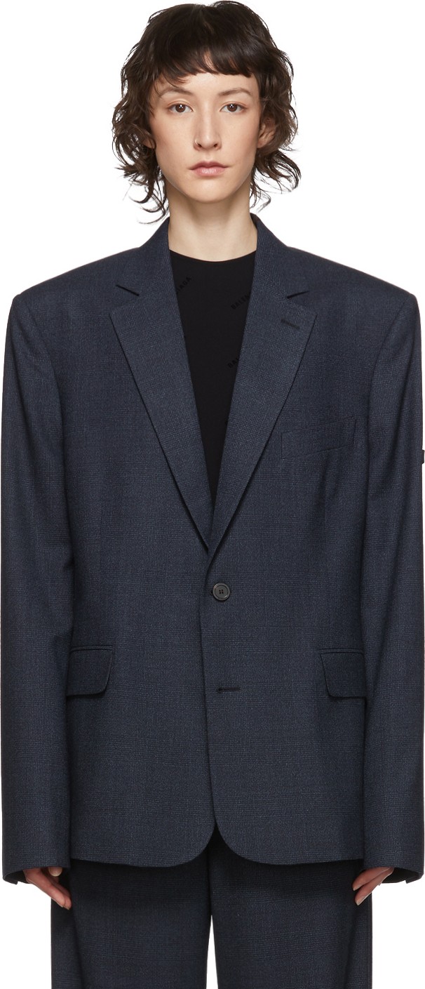 Balenciaga Navy Washed Prince Of Wales Blazer