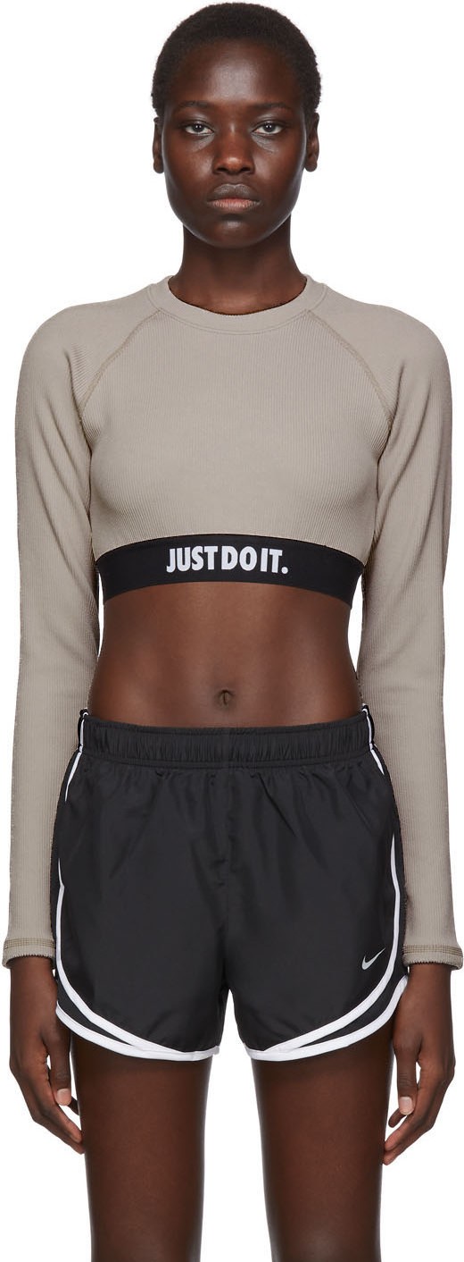 Nike Taupe JDI Rip Long Sleeve Crop T-Shirt
