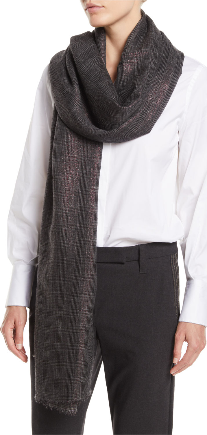 Brunello Cucinelli Metallic-Plaid Cashmere-Blend Scarf