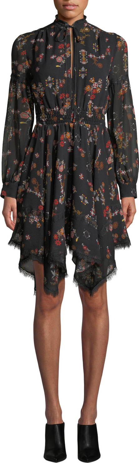 Derek Lam 10 Crosby High-Neck Printed Silk Long-Sleeve Handkerchief Dress