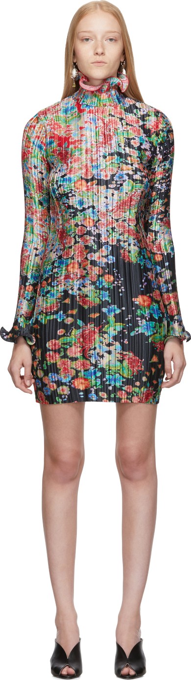 Givenchy Multicolor Flowers Pleated Long Sleeve Dress
