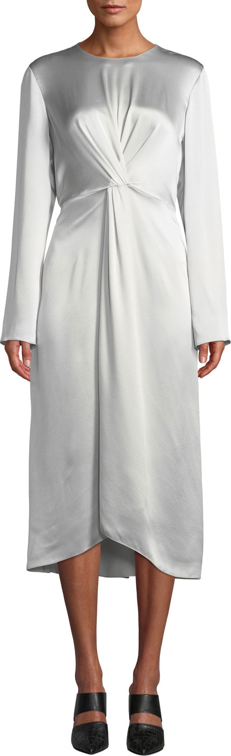 Vince Twist-Front Long-Sleeve Silk Midi Dress