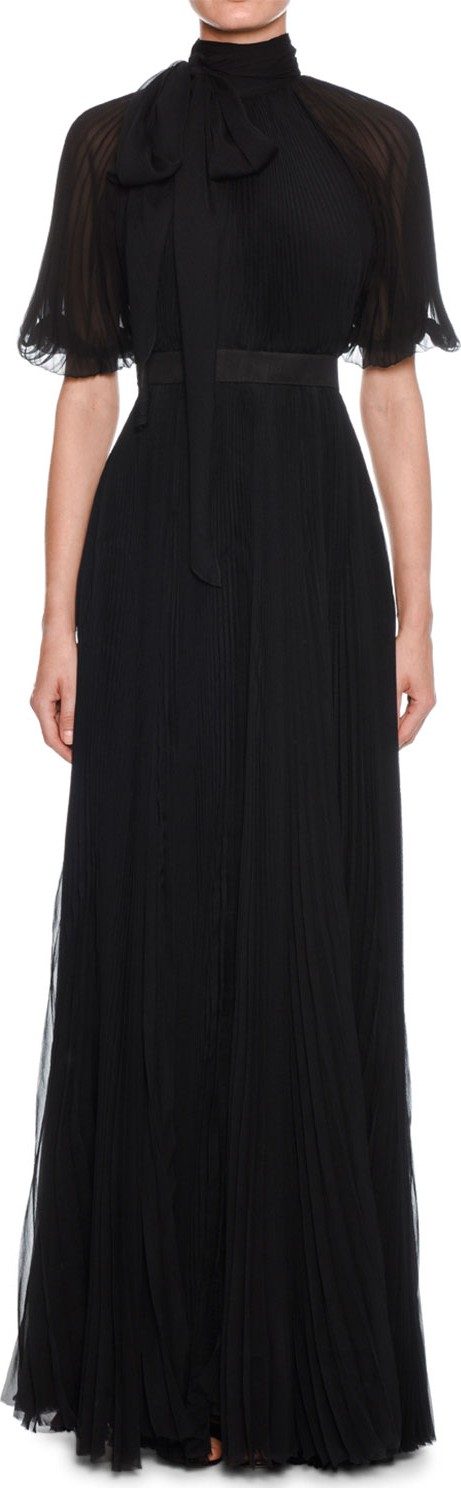 Alexander McQueen Short-Sleeve Tie-Neck Open-Back Plisse Pleated Silk Evening Gown