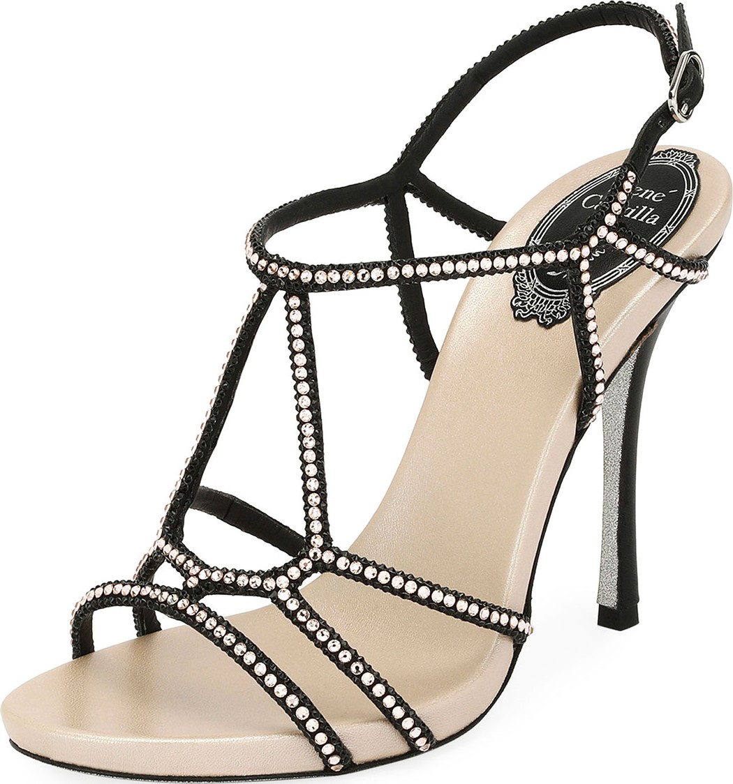 Rene Caovilla Crystal-Studded Satin T-Strap Sandal