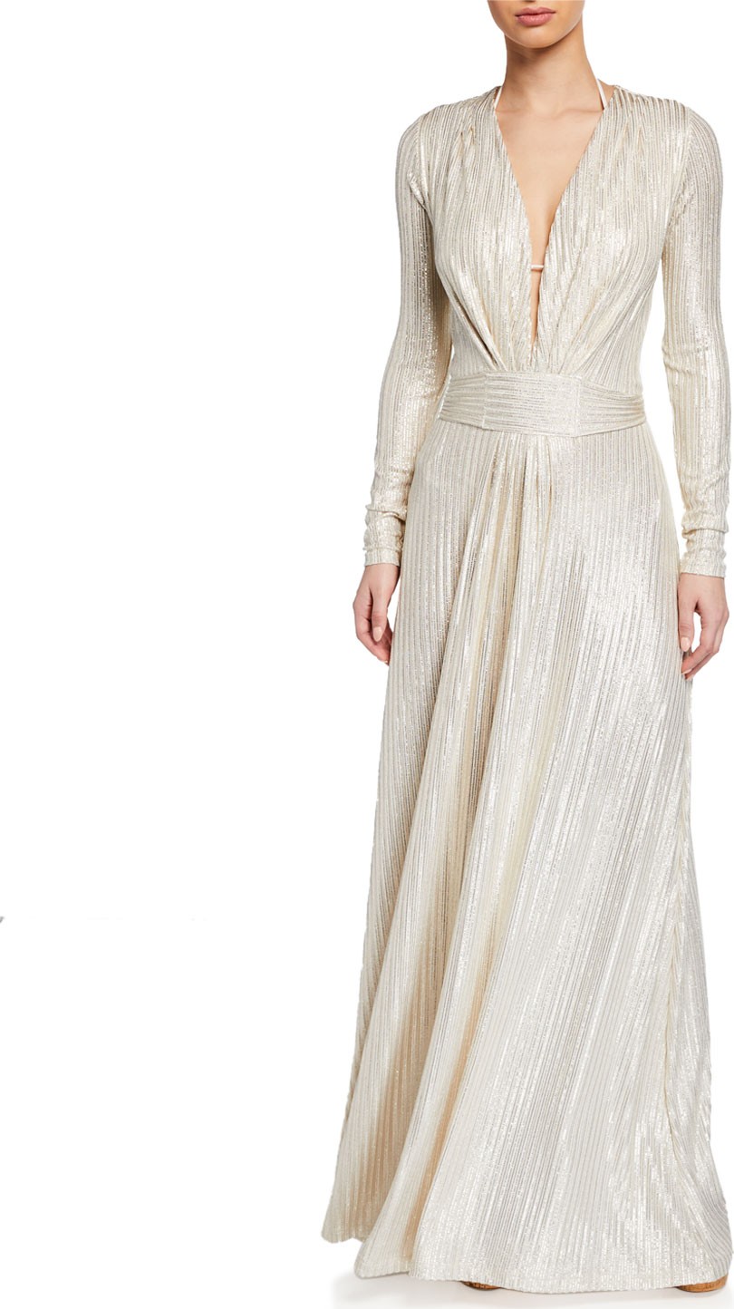 Melissa Odabash Pleated Metallic Long-Sleeve Coverup Dress