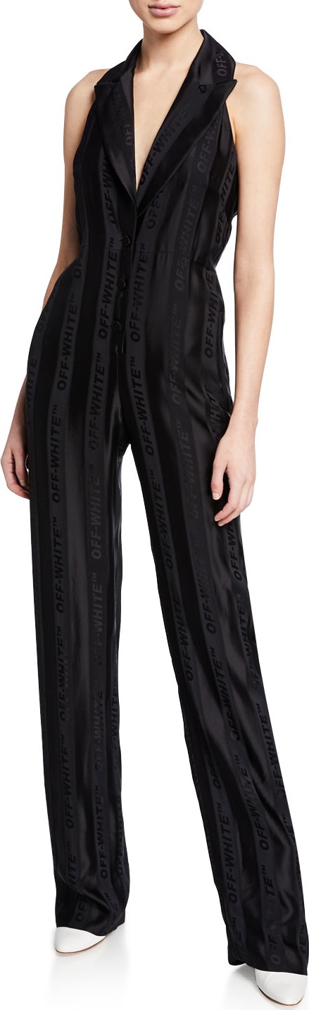 Off White Formal Sleeveless Jacquard Jumpsuit