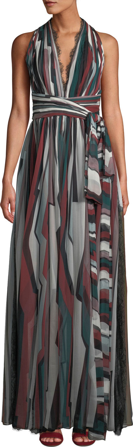 Zuhair Murad V-Neck Sleeveless Striped Long Silk Dress w/ Lace Trim
