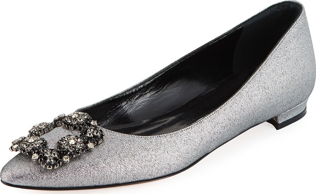 Manolo Blahnik Hangisi Metallic Fabric Buckle Flat