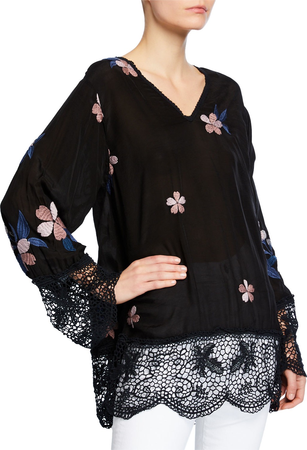 Johnny Was Dhalia V-Neck Georgette Top with Lace & Floral Embroidery
