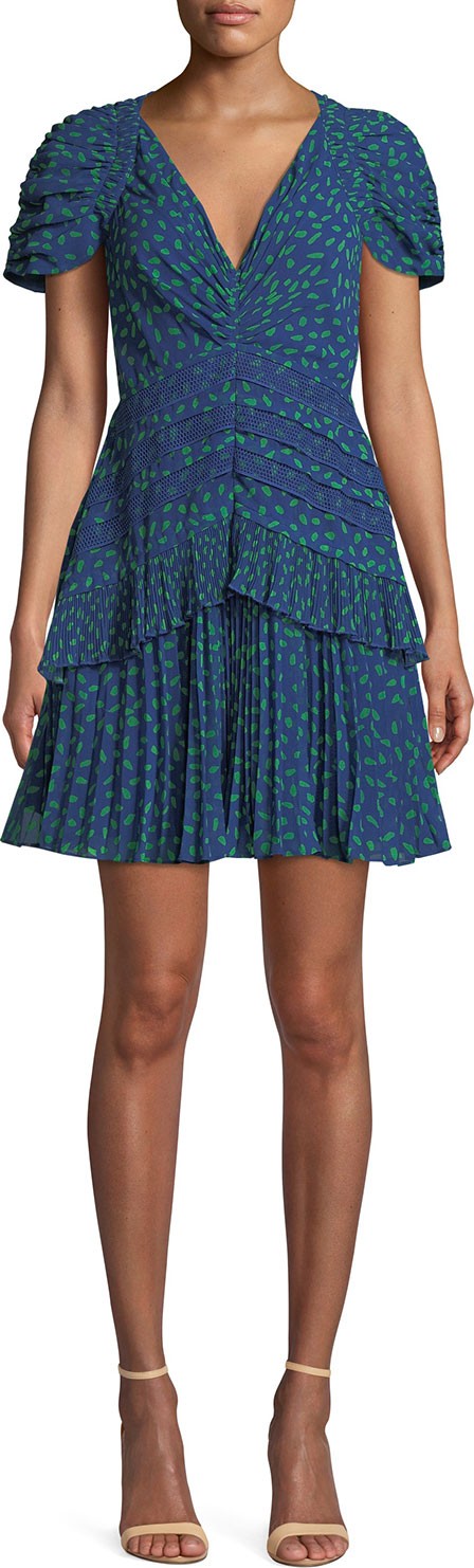 Self Portrait Dot-Print Chiffon Lace-Trim Short dress